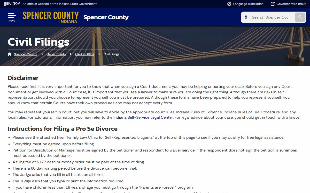 Spencer County Clerk civil filing fees and court record costs