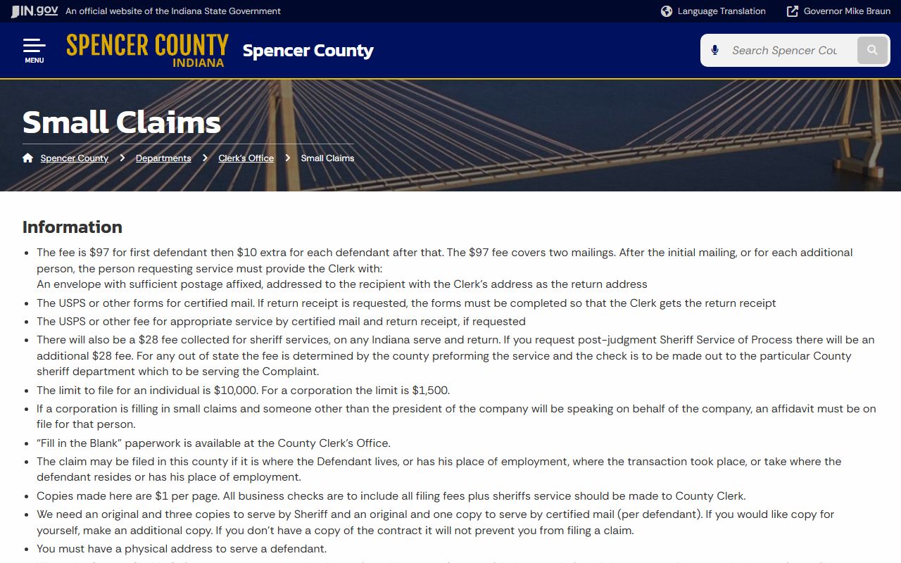 Spencer County Clerk small claims records instructions