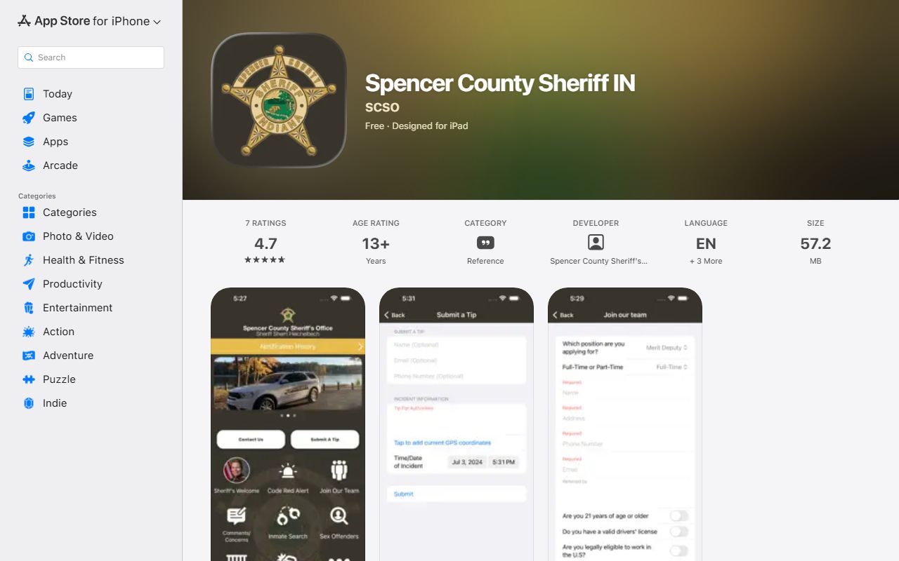 Spencer County inmate records sheriff iOS app