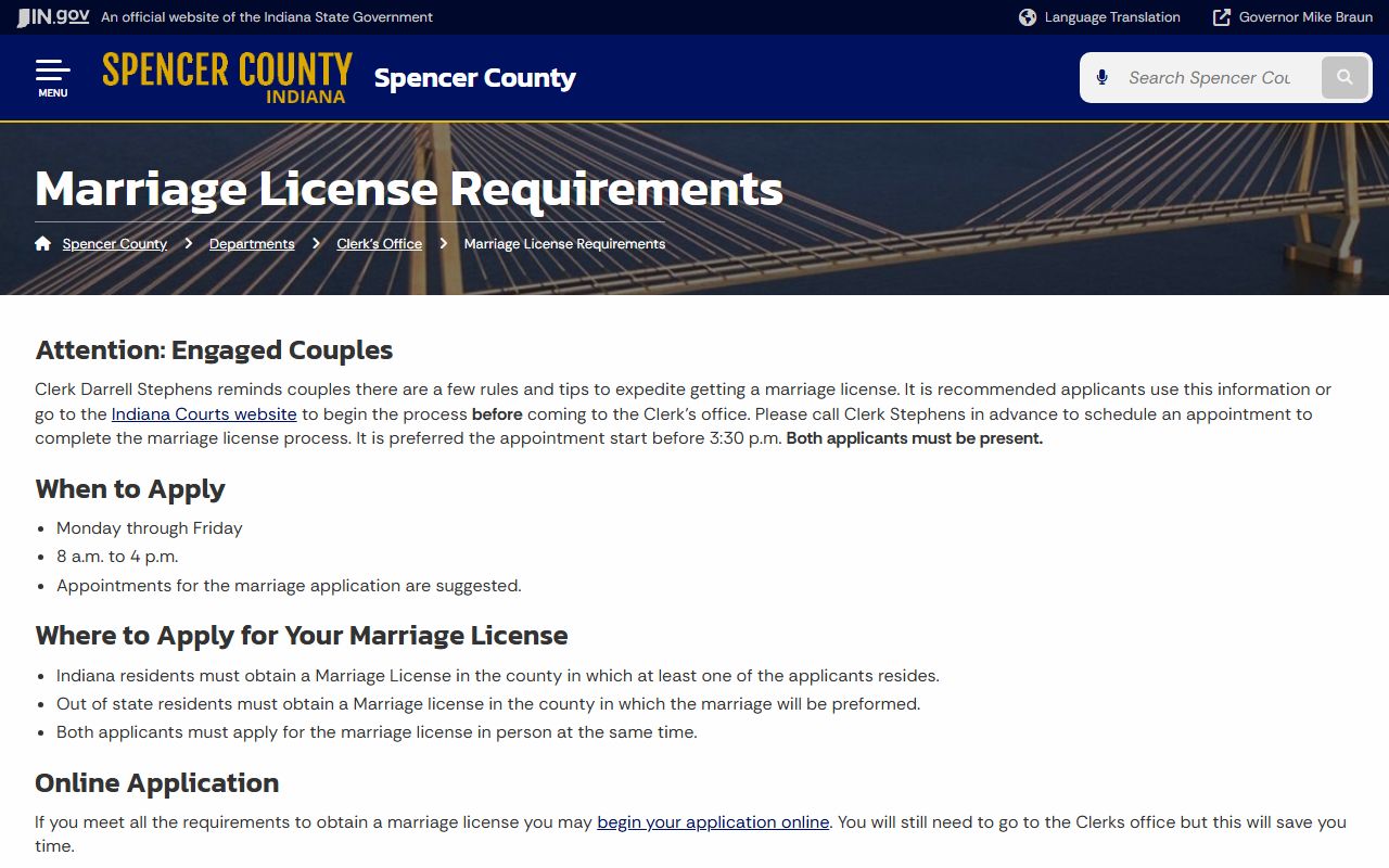 Spencer County marriage records license requirements from the clerk