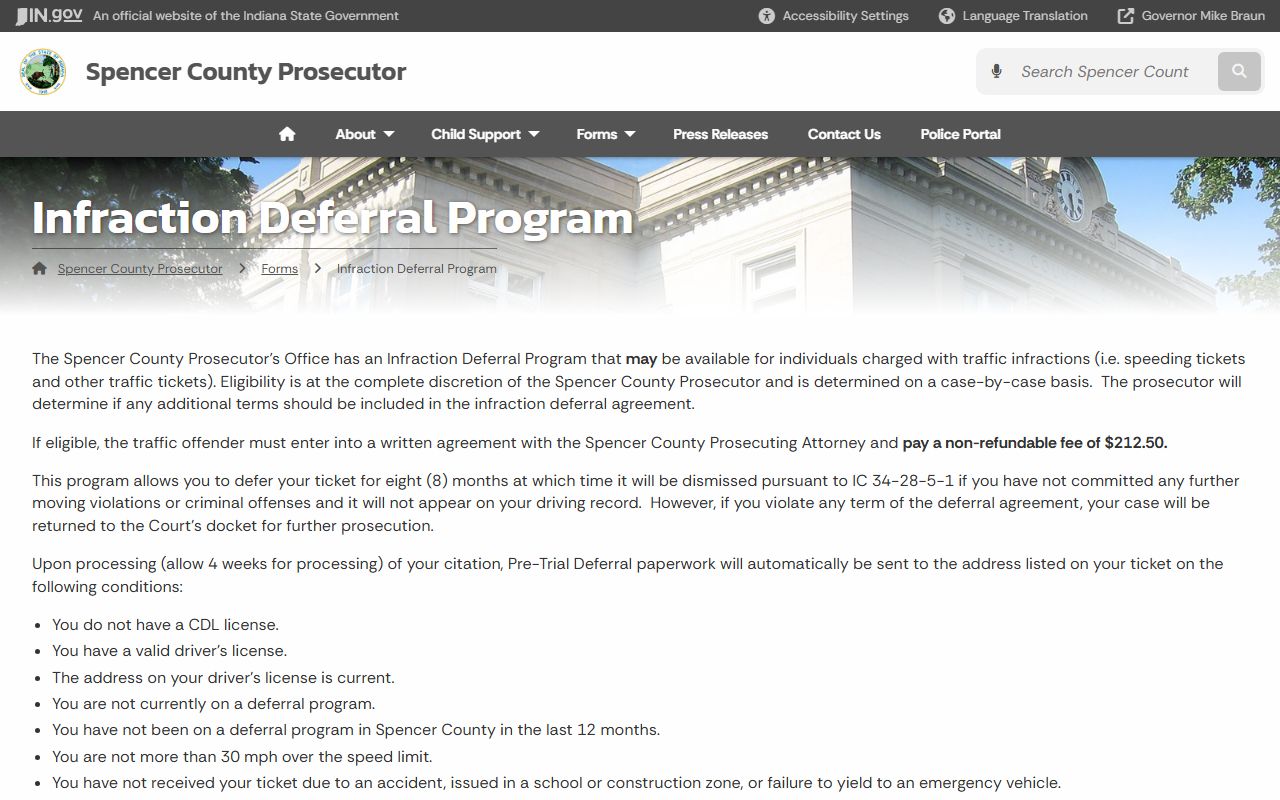 Spencer County traffic court records infraction deferral program