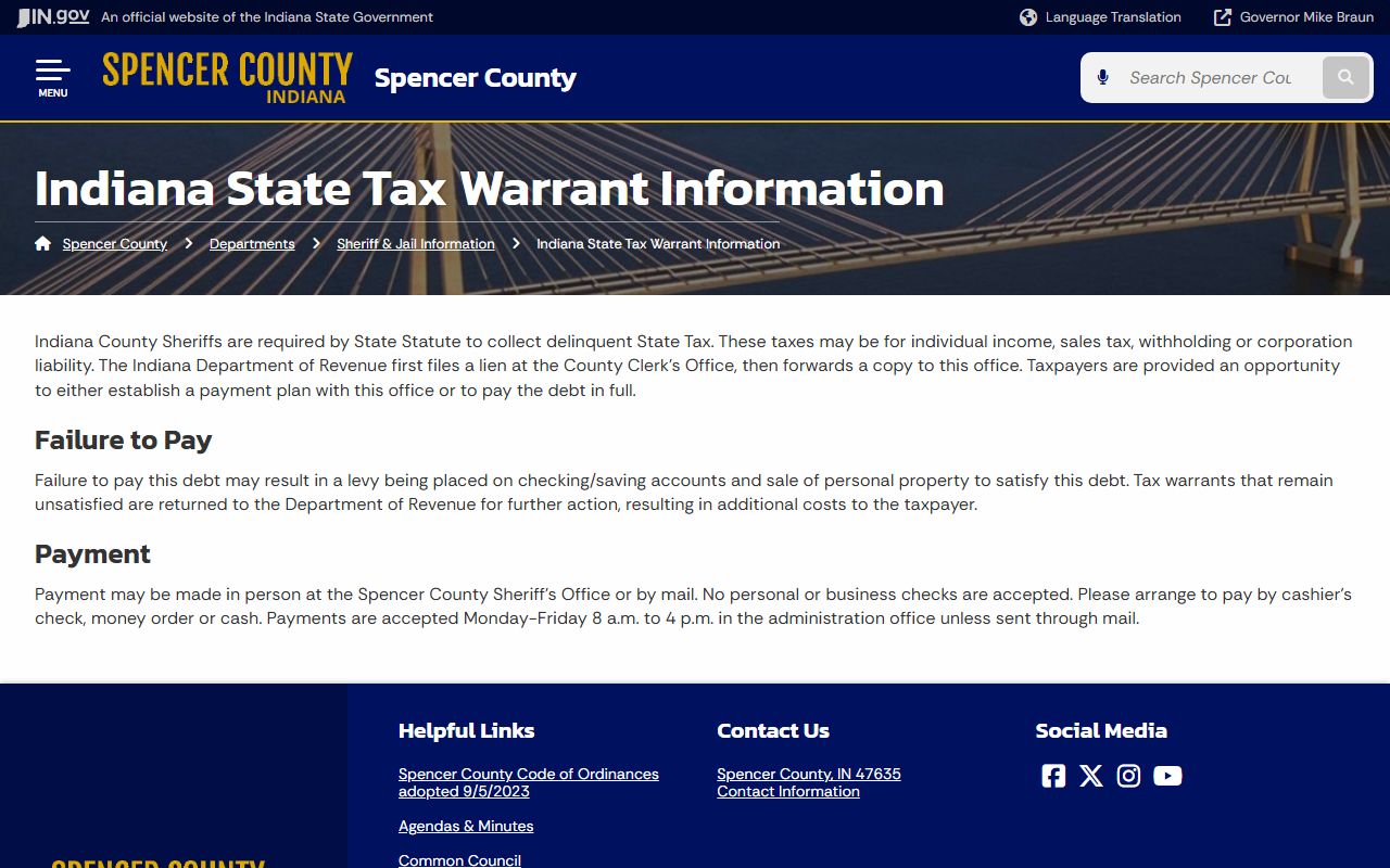 Spencer County warrant records state tax warrant information